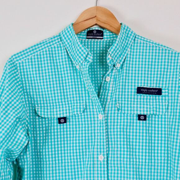 Simply Southern Size M Long Sleeve Button Up Shirt Gingham Check Teal - Picture 3 of 11